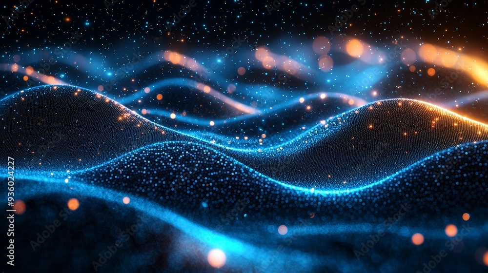 Poster featuring glowing particles and dynamic lines, abstract waves of light create an enchanting visual e