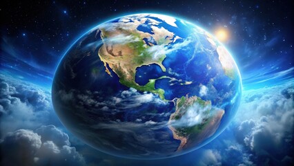 Obraz premium Amazing blue planet earth with ocean, clouds and continents in open space on the starry sky, Earth, planet, blue, ocean