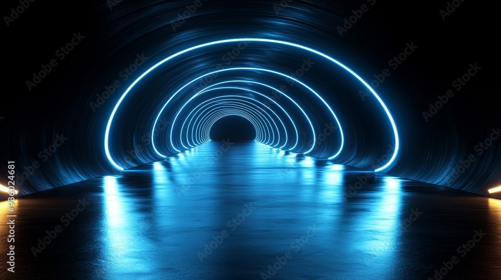 Poster This design features luminous circle lines on a dark blue background, resulting in a modern geometric stripe.