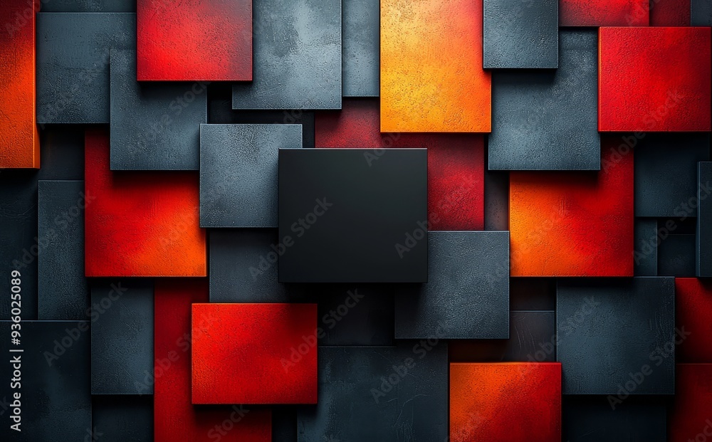 Leinwandbilder This geometric abstract background features vibrant hues and overlapping squares, creating a modern and dynamic pattern.