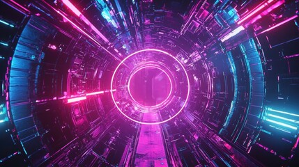 Obraz premium Futuristic tunnel with vibrant neon lights, showcasing a blend of pink and blue hues, perfect for sci-fi themed projects.