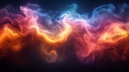 The abstract painting is colorful, with swirls of orange, blue, and purple hues.