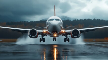 Front view of a commercial airplane taking off from a wet runway with mountains and trees in the background on a cloudy day.