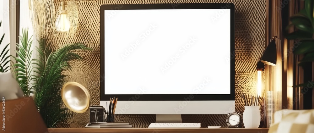 Poster workspace mock-up with a cozy rustic interior and a modern computer