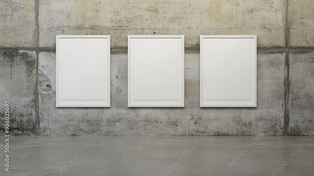 Poster mockup template with three white a4 paper sheets on gray background and soft shadow. top view in 3d.