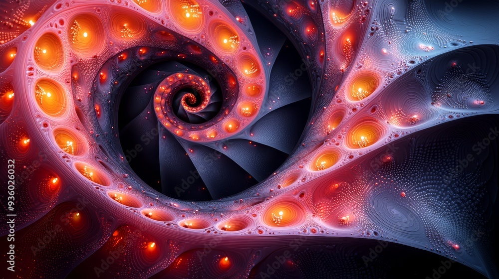 Poster an excellent example of a dynamic digital art piece that depicts a spiral of colorful geometric patt