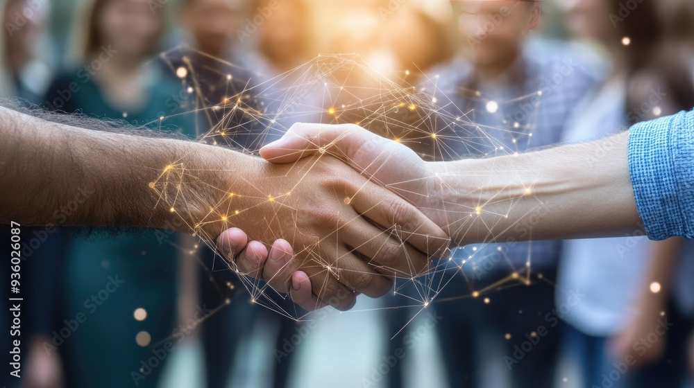 Poster group of multinational people shaking hands and communication network concept. wide angle visual for