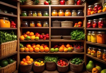 colorful pantry shelves brimming fresh produce assorted fruits showcasing bounty harvest, apples, oranges, bananas, grapes, peppers, tomatoes, carrots
