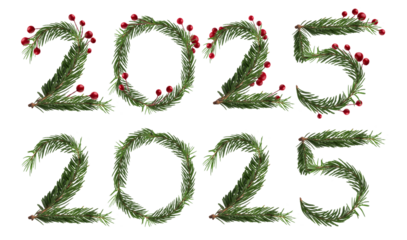 Fir branch isolated png transparent. the text 2025 was written from the branches christmas tree. Christmas green spruce branch. green fir tree branch. Object for christmas card, packaging, banner