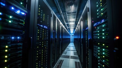 Obraz premium Rows of servers in an advanced data center, the blinking lights and constant hum emphasizing the critical infrastructure supporting AI technology