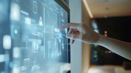 A person using a smart home device, adjusting settings on a sleek touchscreen interface, in a modern room with minimalist design, symbolizing the integration of AI in everyday life