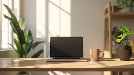 Fototapeta premium Cozy home office with a modern minimalist design, large wooden desk with a laptop, coffee mug, and houseplants, natural light from a nearby window, neutral color palette, peaceful and productive