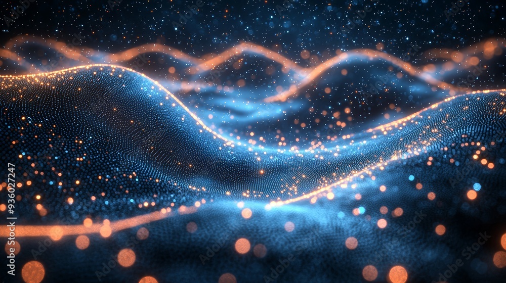 Poster particles exploding in blue and black. 3d animation.