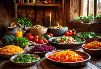 Fototapeta premium colorful array delicious meals presented eco friendly containers showcasing sustainable dining choices, variety, vibrant, food, presentation, healthy
