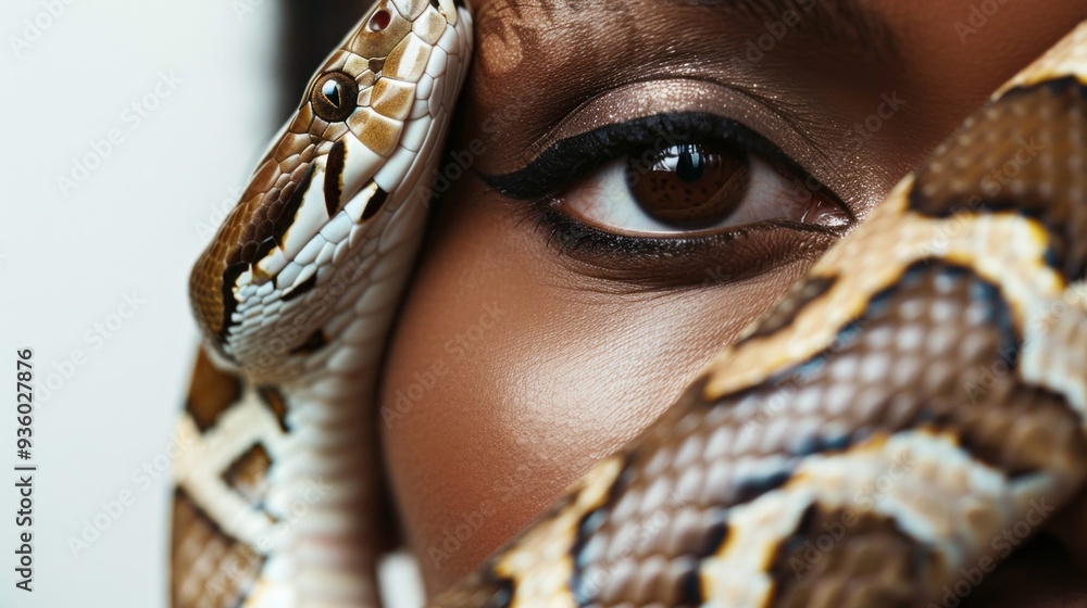 Aufkleber an exotic snake gracefully coils around a person's face, highlighting striking features and textures