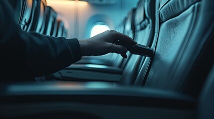 Obraz premium Elegant image of a passenger’s hand adjusting a reclining seat in an airplane cabin, with the seat control in sharp focus and the rest of the cabin softly blurred, capturing the comfort of modern air