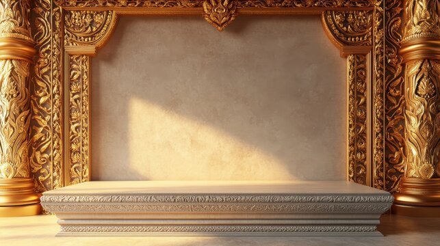 Intricate traditional Thai pattern with golden leaves and ornate details in a decorative frame. Stunning craftsmanship showcasing cultural heritage and artistic elegance.