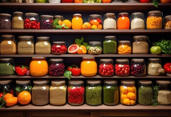vibrant kitchen shelves brimming colorful food items featuring pantry staples cozy culinary space, fruits, vegetables, bright, decorative, organized, storage