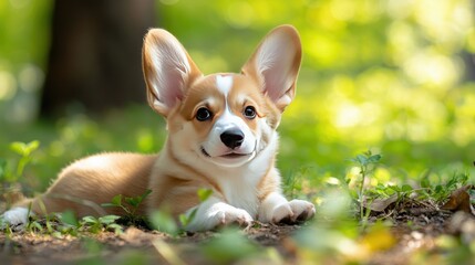 Happy little Pembroke Welsh Corgi puppy resting in a shady spot in a green clearing, looking peaceful.