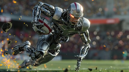 Robot Rugby Player Charging: A robust robot rugby player charging forward with the ball, evading tackles.
