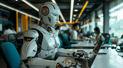 Fototapeta premium AI robot using a laptop in a modern office setting. Technology integration in the workplace.
