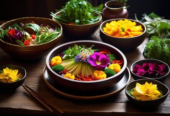 vibrant asian cuisine showcasing colorful fresh ingredients culinary presentation, food, vegetables, spices, herbs, dishes, flavors, plates, texture, aroma