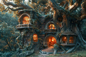 Enchanting Treehouse Library Amidst Lush Forest