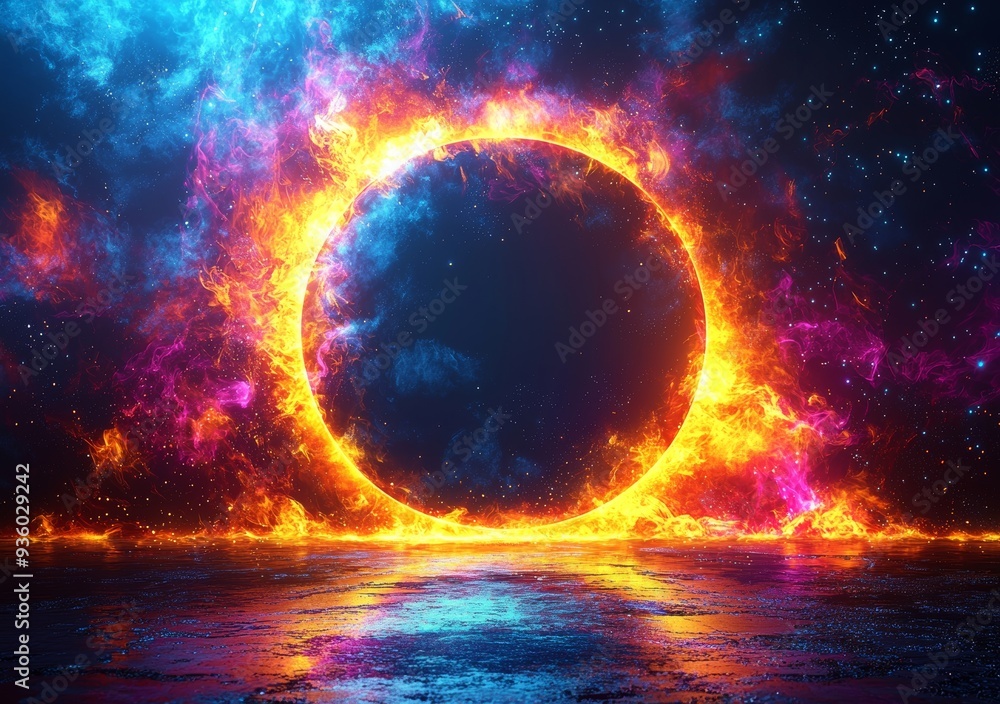 Poster an abstract circle glowing with neon light on a dark blue background.