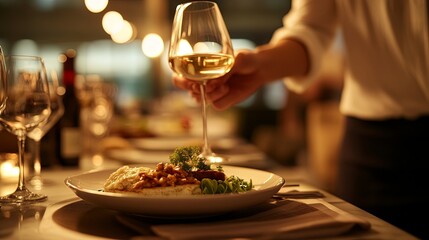 Obraz premium Elegant image of a gourmet meal being served in an airport lounge, with the dish in sharp detail and the lounge’s ambient lighting softly blurred, highlighting the luxury and comfort of the