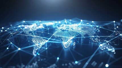 3D world map with data lines illustrating global communication networks and IoT