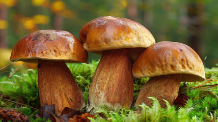 boletus among moss in autumn forest, fall, mushrooms, trees, wood, nature, beauty, macro photo, plant, beauty, season, orange, brown, ecology, eco, background, wallpaper