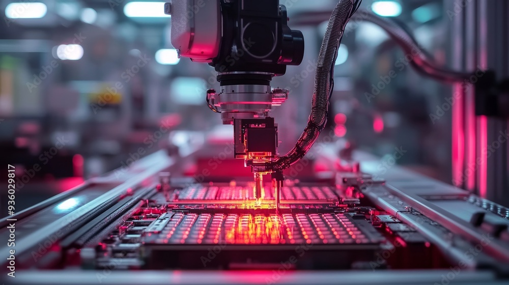 Poster advanced robotic arms assembling high-tech chip components in a precision engineering environment fo
