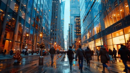 Obraz premium A bustling financial district, tall glass skyscrapers, and people in business attire