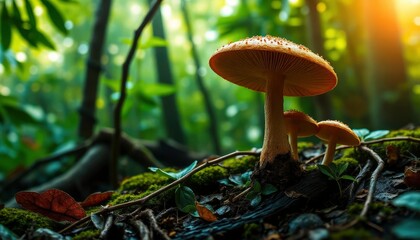 Fototapeta premium Mushroom Wallpaper ,Fantasy Wallpaper, 4K, Mushroom Light, Fantasy Mushroom, Jungle, Forest Mushroom, Jungle Background, fantasy, ai