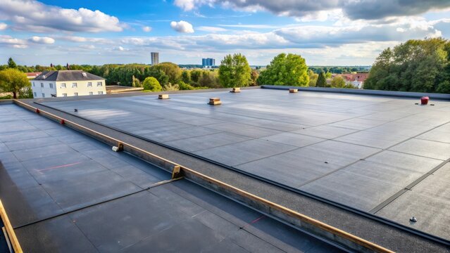 EPDM roofing material laid out on a roof , EPDM, Ethylene Propylene Diene Terpolymer, modern, roofing, construction