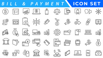 Payment icon set. Business and finance payment collection with money, banking, credit card, exchange, cash and transaction symbol.