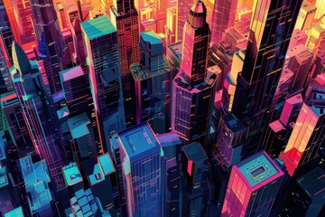 Obraz premium A Colorful, Geometrically-Stylized Cityscape with Tall Buildings