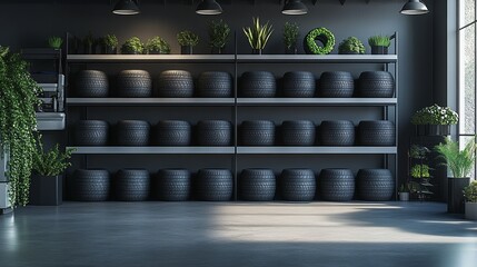 Minimalistic and Modern Arrangement of Tires in a Clean Garage Setting, Highlighting Simplicity, Organization, and Automotive Maintenance in a Well-Organized Workshop