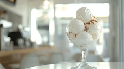 Ice cream scoops piled high in a clear glass, inside a bright and airy white caf.