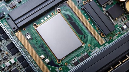 Fototapeta premium SSD M.2 installed in motherboard slot, technology, hardware, computer, SSD, storage, upgrade, electronic, device
