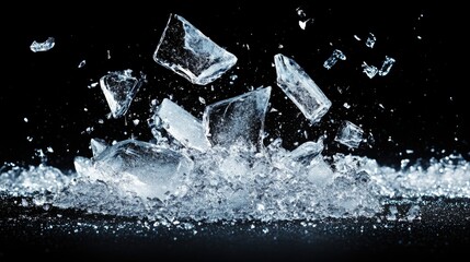 Ice, crushed on black background. Shards of crushed ice spreading away. The explosion of ice.