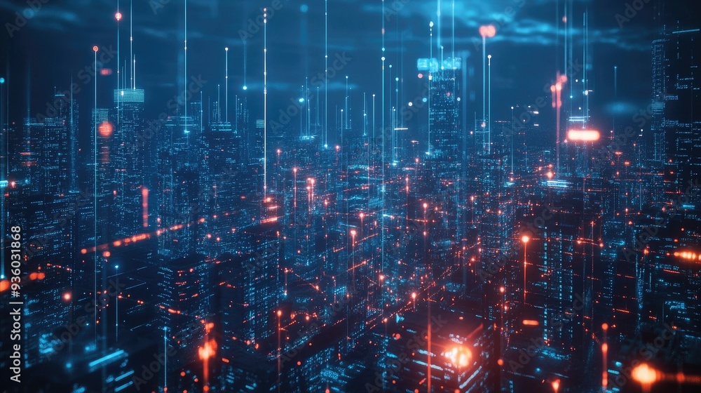 Poster imaginative visual of smart digital city with globalization abstract graphic showing connection netw