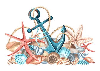 Anchor with shells and starfish on pebbles. Watercolor illustration, hand drawn, isolated. Marine composition. Oceanic animal. Marine life theme. Template for postcard, print, sticker, interior design © susie_p_art