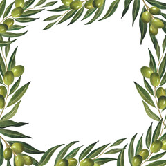 Watercolor frame with olive branches Plant background for olive oil design wrapping postcard poster template invitation cafe menu decoration certificate Botanical border Banner Organic Natural