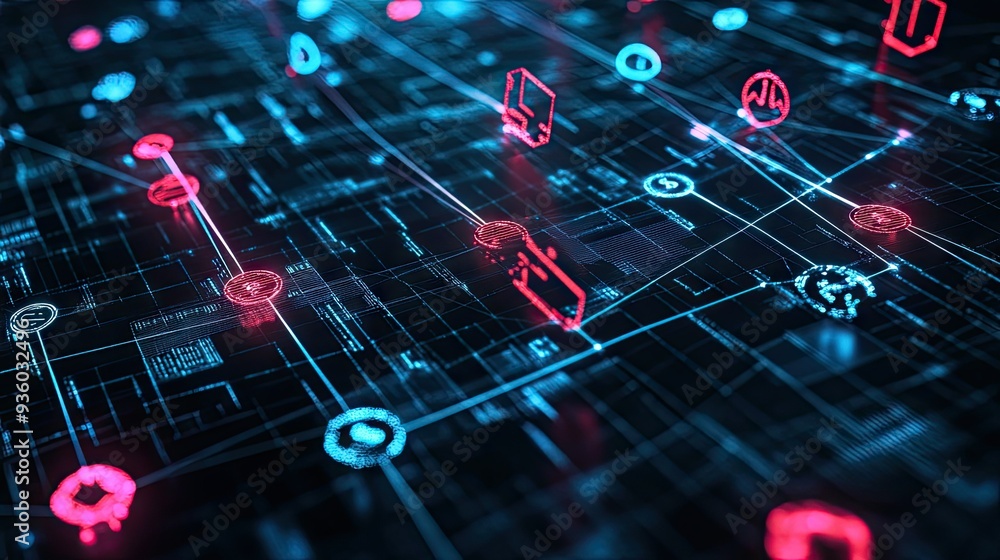 Poster interconnected currency symbols glowing in a 3d financial network with a futuristic feel. -