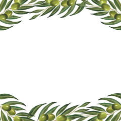 Watercolor banner with green olive branches for border poster postcard Olive oil design wrapping paper wallpaper Italian cafe decoration certificate invitation Floral background Template Frame Natural