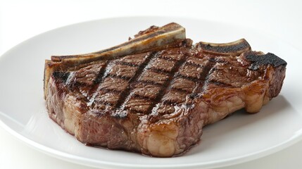 Isolated grilled beef steak with bone on a white plate, set against a white background. The focus is on the steak's succulent, tender meat. -