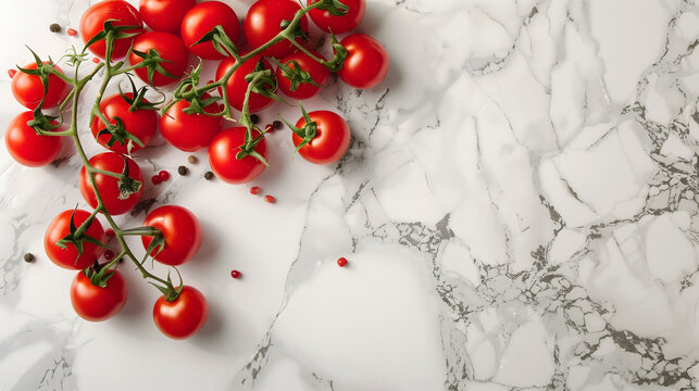 Freshly Harvested Tomatoes from Garden Shot from Top, White Marble Background with Copyspace