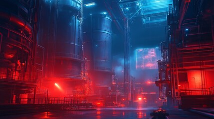 Obraz premium Futuristic Smart Factory with Oversized Aerial Equipment and Holographic Imaging in Red and Blue Tones, Highlighting a Sci-Fi Atmosphere with Dramatic Lighting Effects