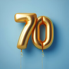 number 70 golden balloon isolated on blue background